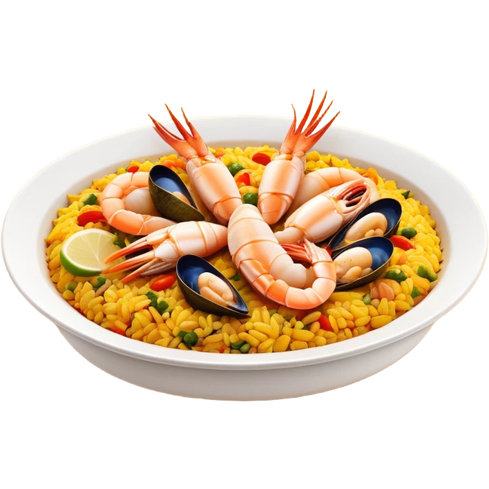 cinematic-realistic-paella-dish-emoji,-depicted-as-a-vibrant,-aromatic-rice-dish-loaded-with-seafood,-chicken,-and-saffron-rendered-with-rich-textures-and-dynamic,-warm-lighting with a lemon slice in the middle emoji