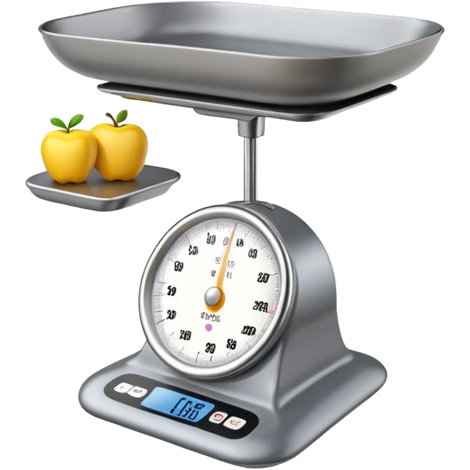 iOS-style 3D emoji: a small digital kitchen scale with a flat platform and an LCD screen displaying 0 g. emoji