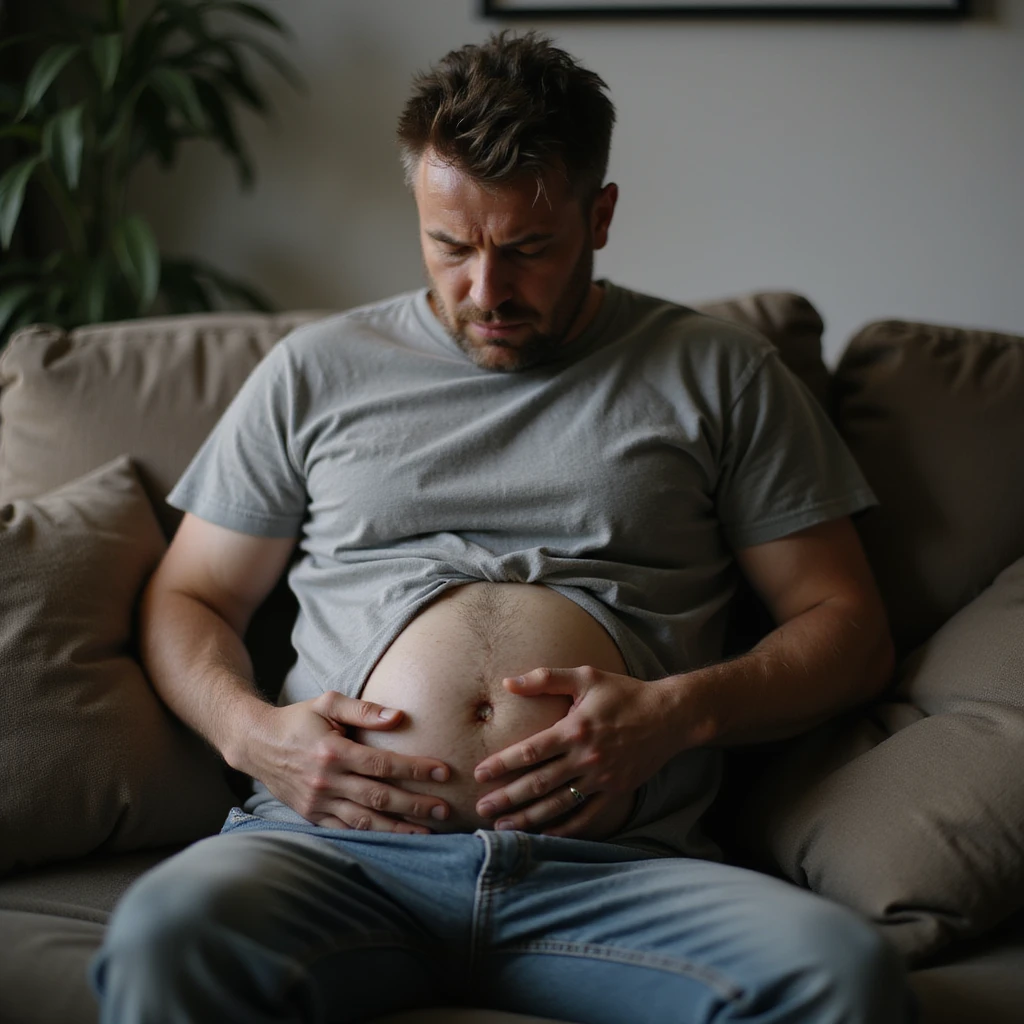 hyperrealistic 4K man sitting on the couch, squeezing his belly with hands and looking at it with disdain emoji