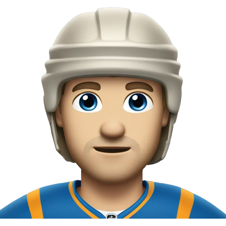 dark blond hair chin length man with long face, hair sticking up, blue eyes, wearing hockey helmet emoji