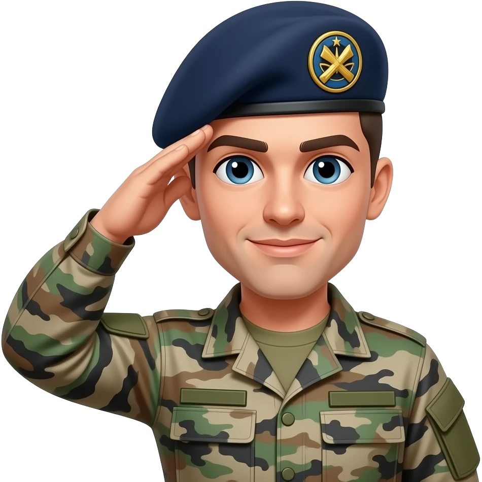headshot of soldier wearing midnight blue beret with artillery cap badge  saluting emoji