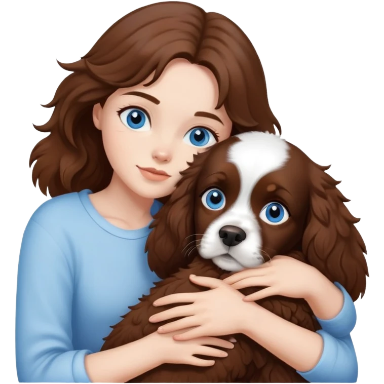 girl with blue eyes and brown hair hugging spaniel emoji