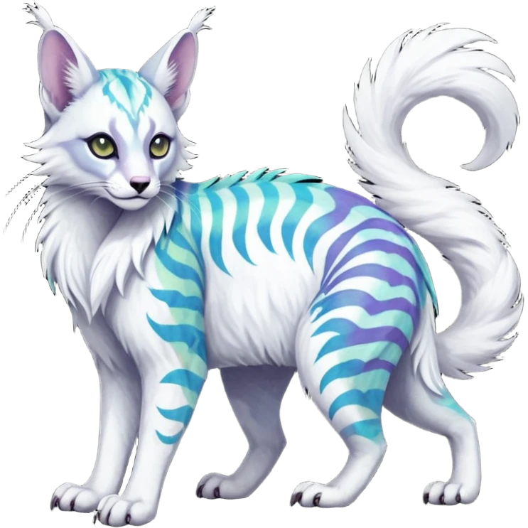 Colorful dark tropical feathery tribal pale light fruity pastel white glorious iridescent divine exotic cute albino neon vibrant spooky evil zigzagged cool beautiful beautiful fantasy-caracal-civet-genet-sergal-vernid-Gryphon-Cacomistle-Trico-oncilla-animal-Fakémon-hybrid-fursona (full body) emoji