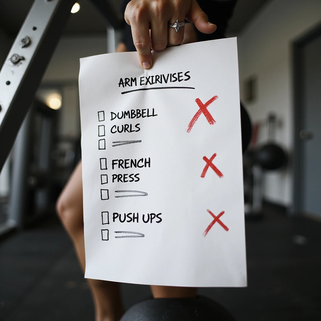 hyperrealistic paper sheet with a list of arm exercises including dumbbell curls, french press, push-ups, some entries crossed out with red X marks, 4K resolution, realistic details, natural shadows, gym environment emoji