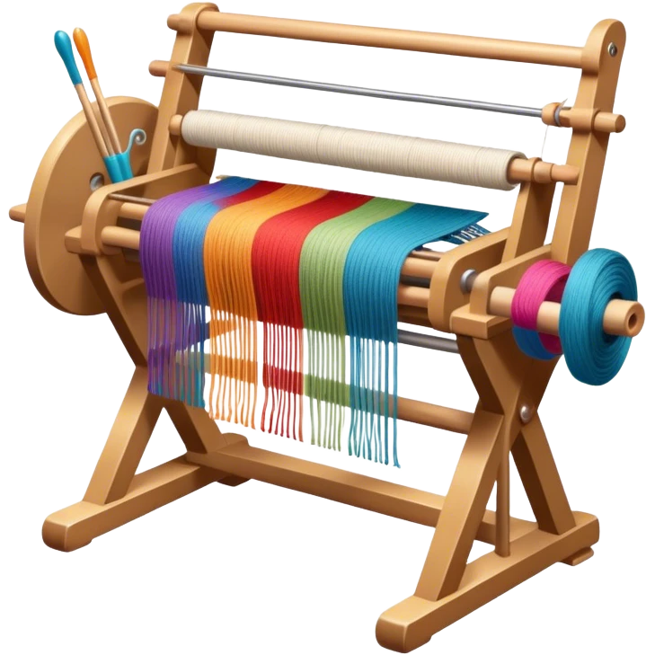 Weaving icon, loom with threads in various colors, visible shuttle, spools of yarn, and weaving tools in progress, fabric being woven, minimalistic style, clean lines, transparent background. emoji