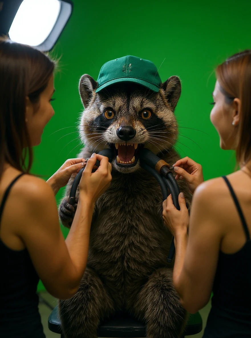 Make this raccon looking cute and make him on a movie set, with a green screen in the background, a raccoon actor is smiling while women are putting makeup on him. The raccoon gives a thumbs up, soft bright light, raccoon wearing green emeralnd color cap, remove cables emoji