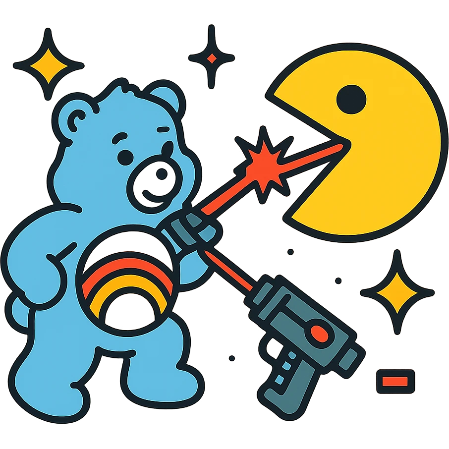 Care Bears and Pacman in a laser battle, 80's sci-fi style emoji