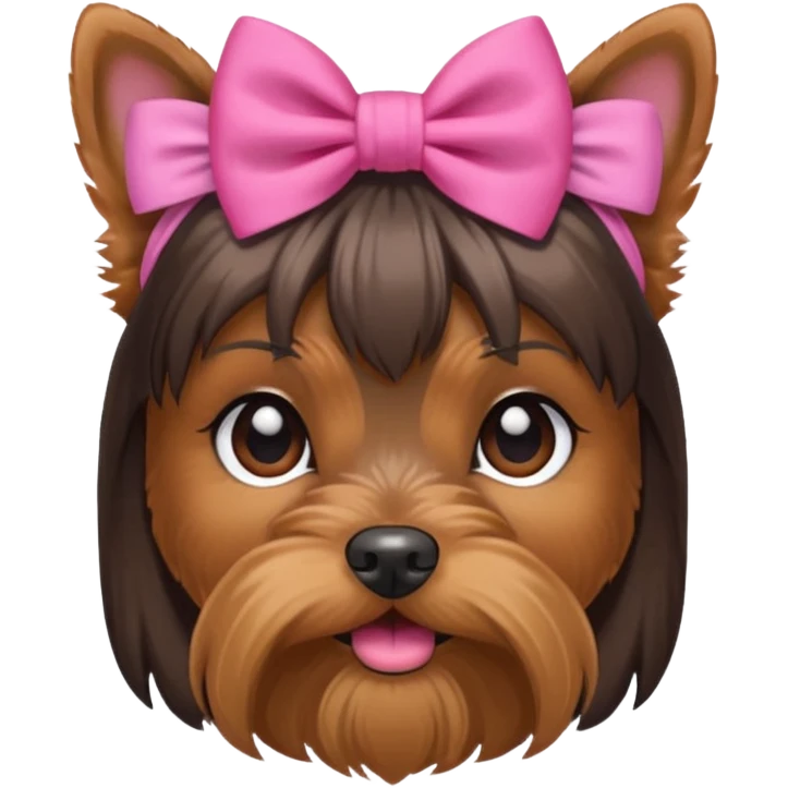 a little dar brown Yorkshire Terrier face with a ponytail on head tied with a bow. emoji