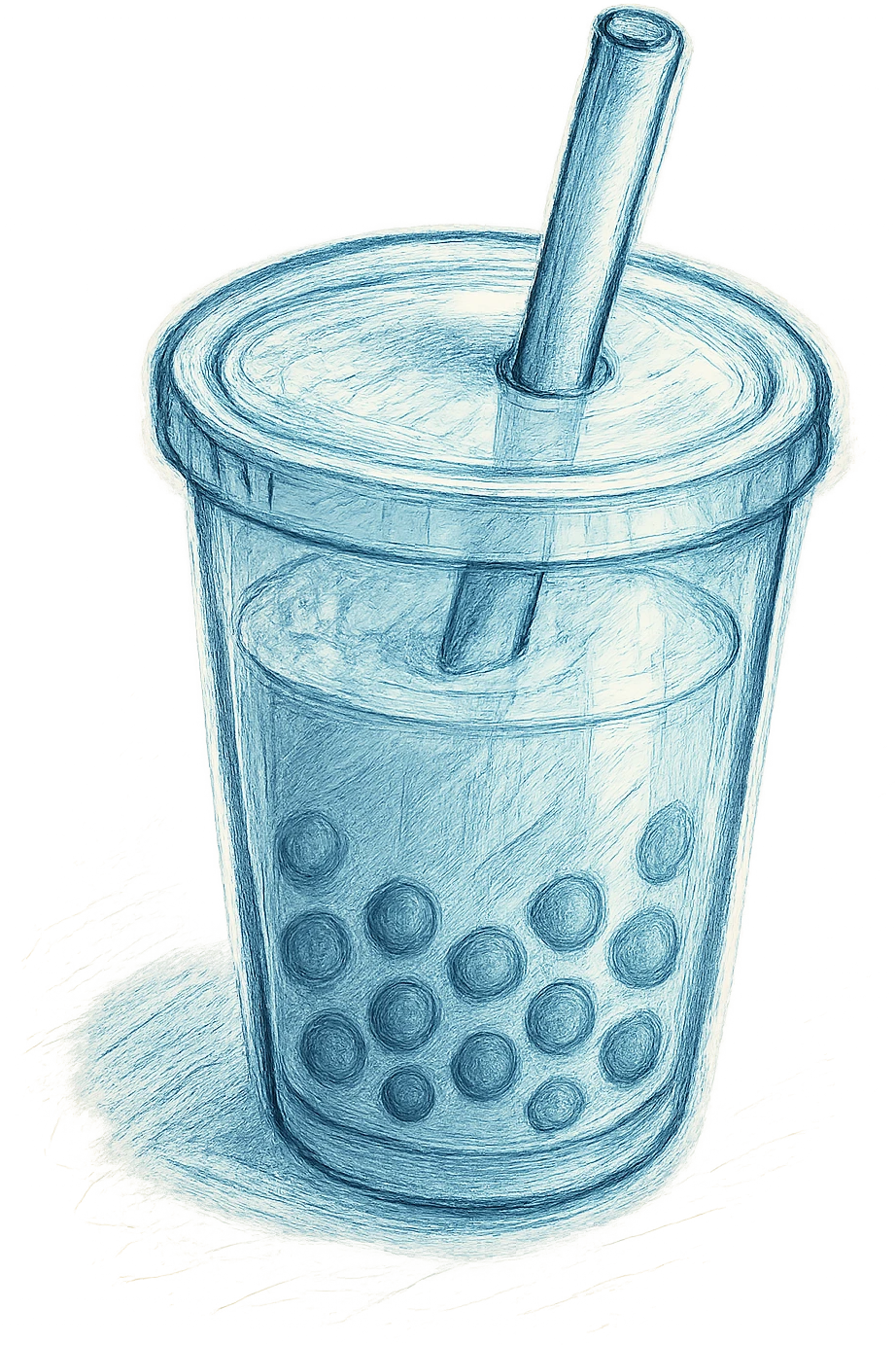 hand-drawn volumetric bubble tea cup with a straw, mostly blue, three-quarter angle, sketchy illustrated, expressive 3D shadows and highlights emoji