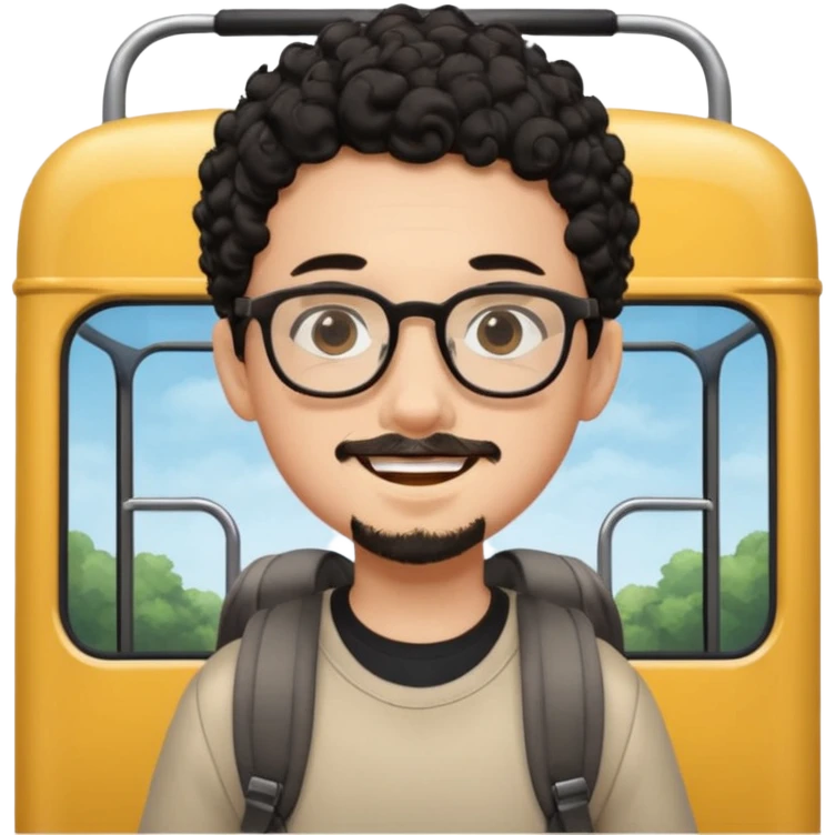 A young boy DEVELOPER WITH A backpack, black curly short hair, wearing glasses, a thin goatee, his skin is white, riding a bus emoji