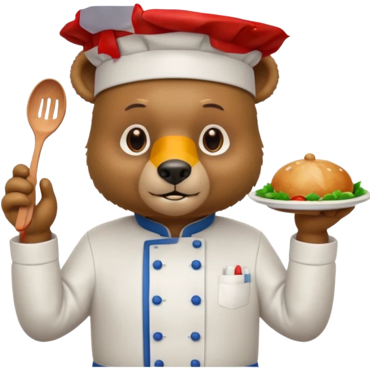 A bear wearing a chef uniform, nervously preparing a dish, portrait emoji