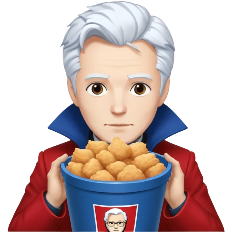 Dante and Vergil from Devil May Cry sitting together in a KFC family bucket, Dante in red coat, Vergil in blue coat, both with white hair emoji