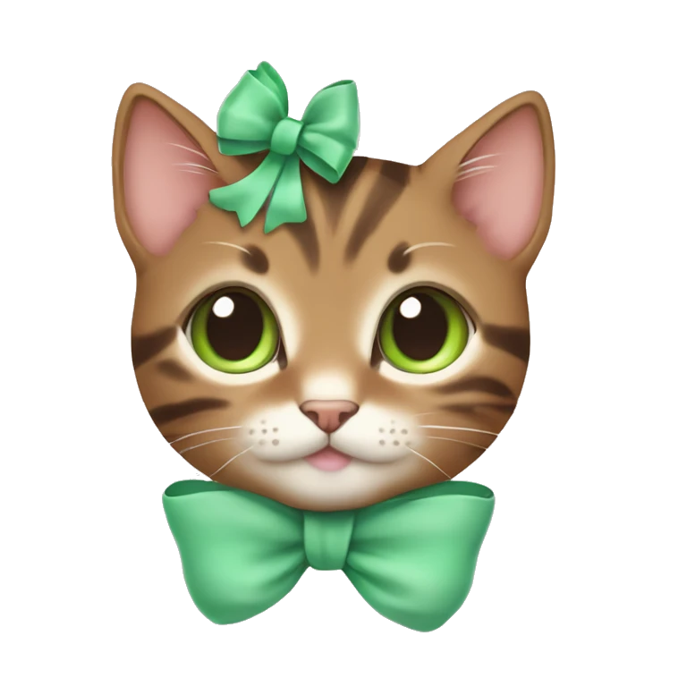 kawaii brown tabby kitten with green eyes and pastel green bow on top of head emoji