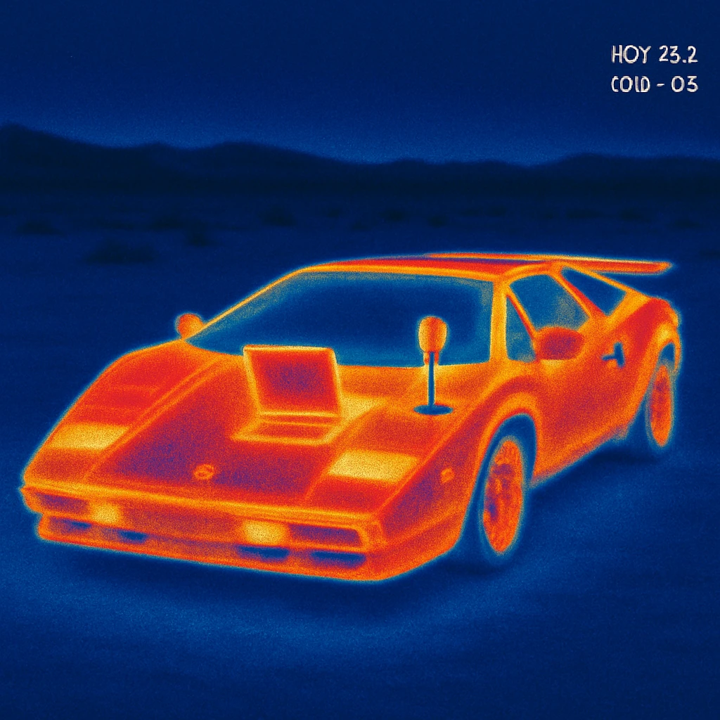 Lamborghini Countach with a laptop and a microphone for recording on the hood in a desert background emoji