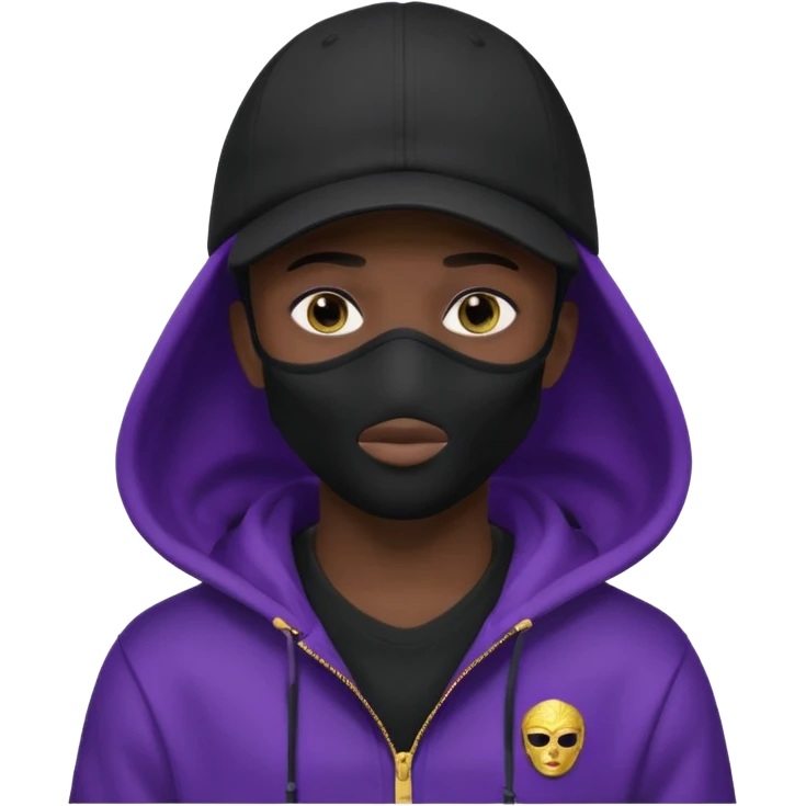 no visible face cartoon blacked character related to a shadow, with all black clothes, focusing a hoodie with his cap on, and a versace face mask covering his entire face, just his purple shadow eyes making a light bloom emoji
