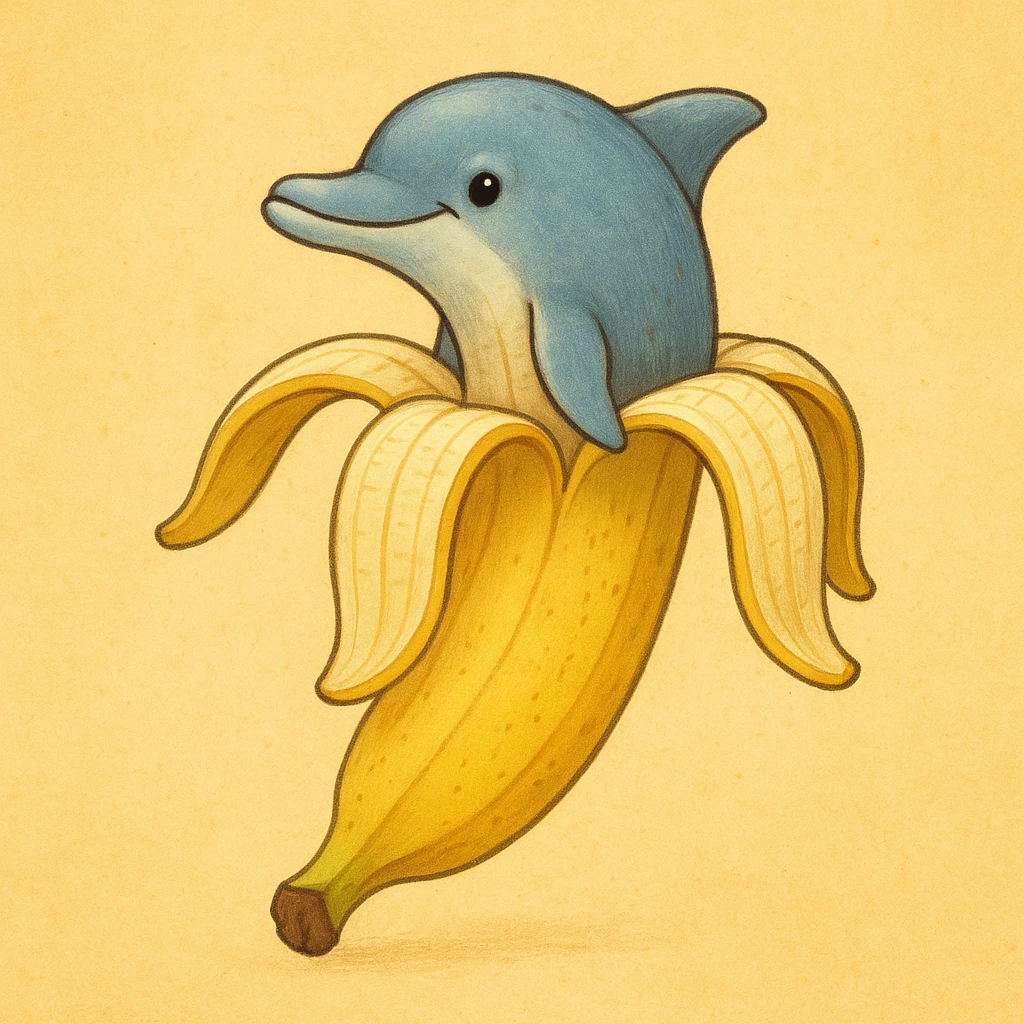 a whimsical and fun dolphin with the body of a banana peel, the upper body of the dolphin serving as the upper part of the peeled banana emoji
