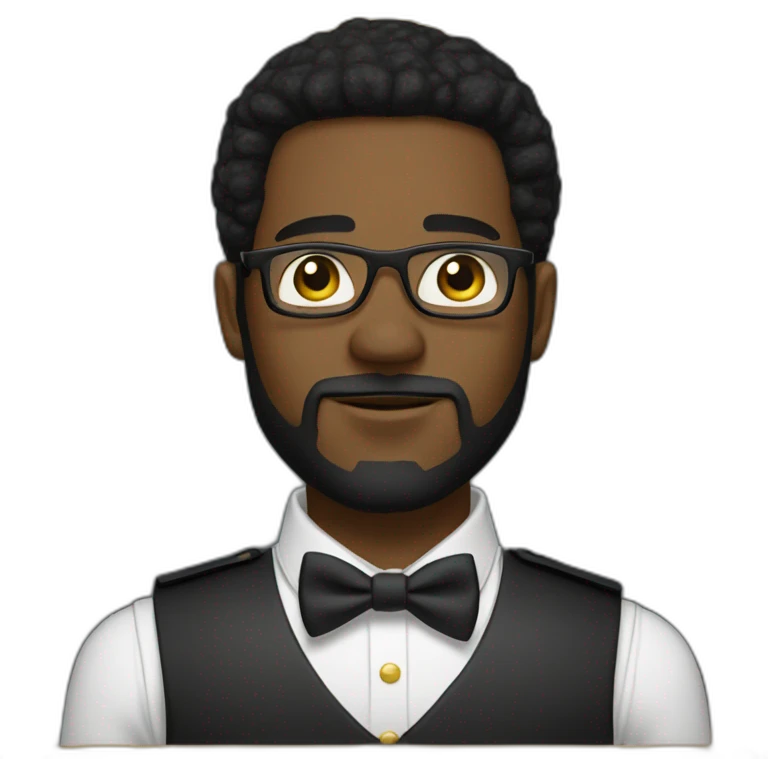 black soldier with beard, part in black hair, white collared shirt, bow tie, gold frame glasses, bulletproof vest  emoji