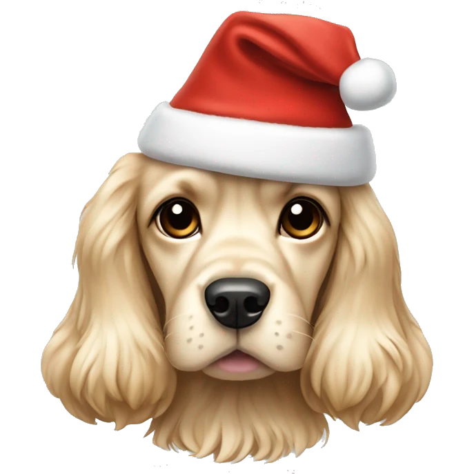 Cream Cocker spaniel wearing a Christmas hat emoji