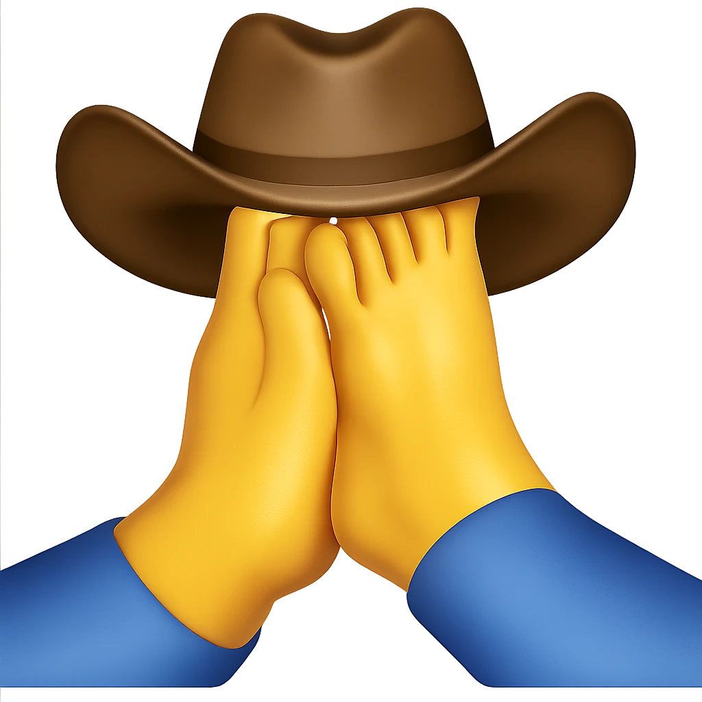 Add a cowboy hat on top of the praying feet emoji. Keep the style consistent with the original image and maintain a transparent background. emoji