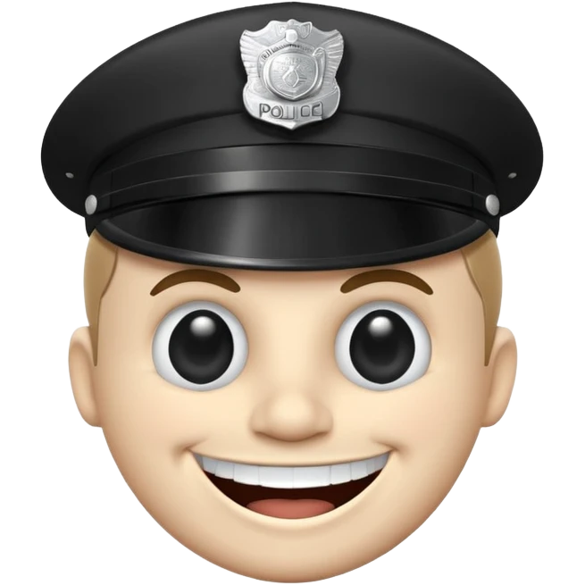 Black-and-white line drawing of a cartoon face with a round head, large round eyes, and a wide toothy grin showing a big happy smile. He is a police officer stopping you. Plain white background, simple and playful style. emoji