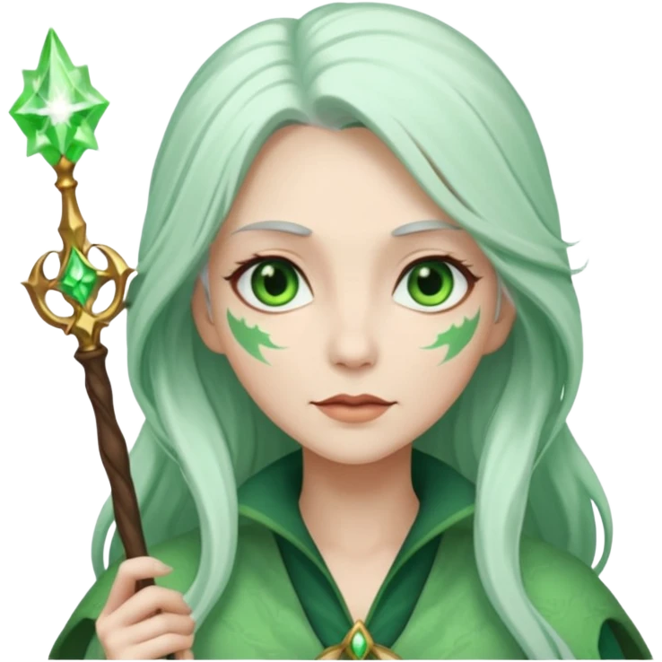 Woman with green skin color with long hair white color and carrying a magic wand emoji