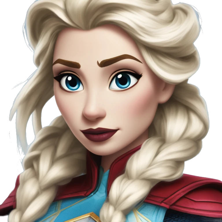 Warcraft award winning Elsa in Marvel Avengers style, oil paint, mysterious eyes, intricate lips, masterpiece pose, odd perspective, beautiful, desirable, logical emoji