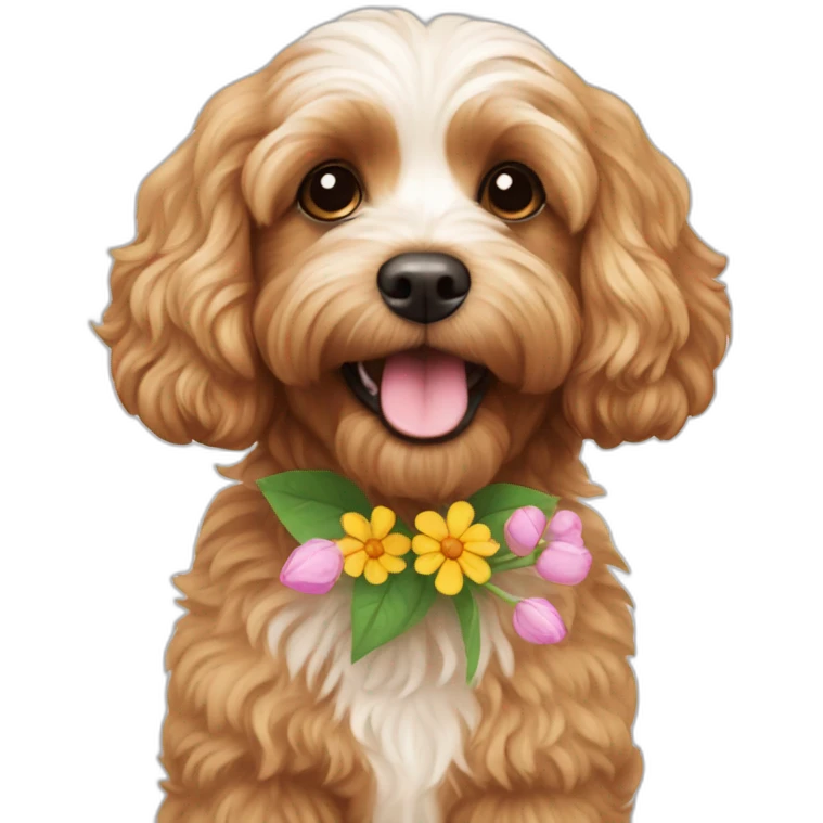 Cavapoo wearing a flower emoji