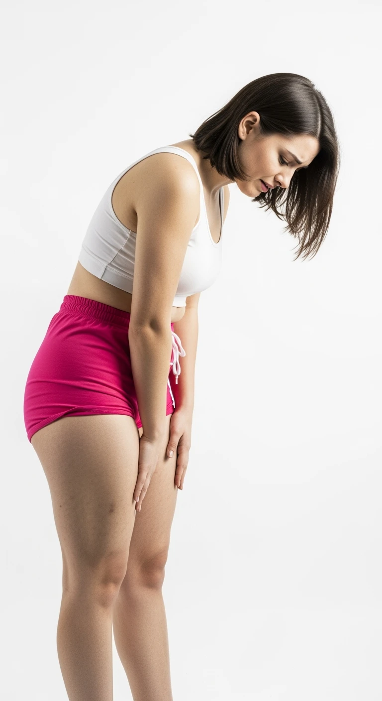 donna giovane con cellulite buchi di cellulite e ritenzione in gym short leggermente piegata in avanti, con espressione dispiaciuta in volto isolata su sfondo bianco emoji