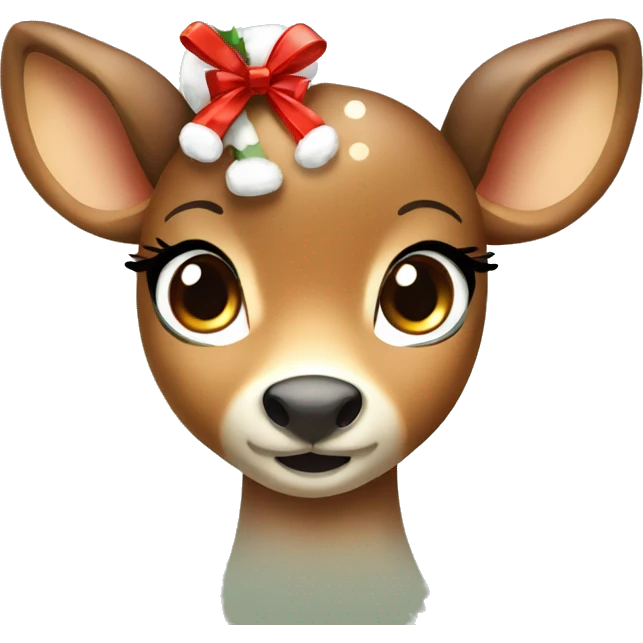 Cute cartoon deer with big eyes and wearing Christmas bow emoji