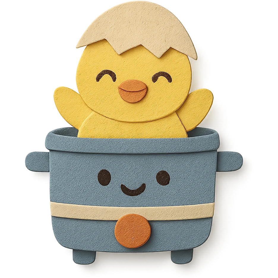 chibi egg cooker with a chick popping out, bright smile, soft yellow palette, full-body emoji