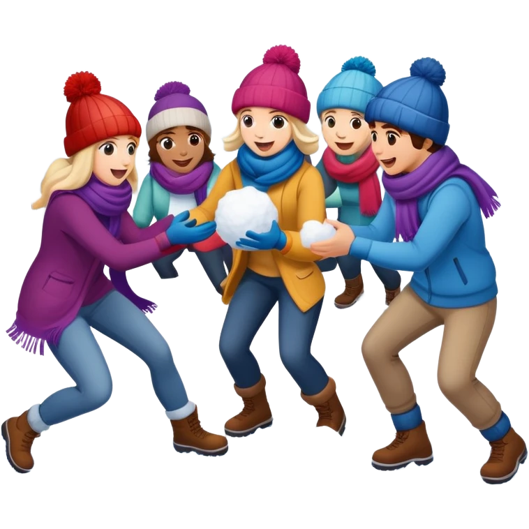 a group of friends having a snowball fight, winter hats and scarves, playful emoji