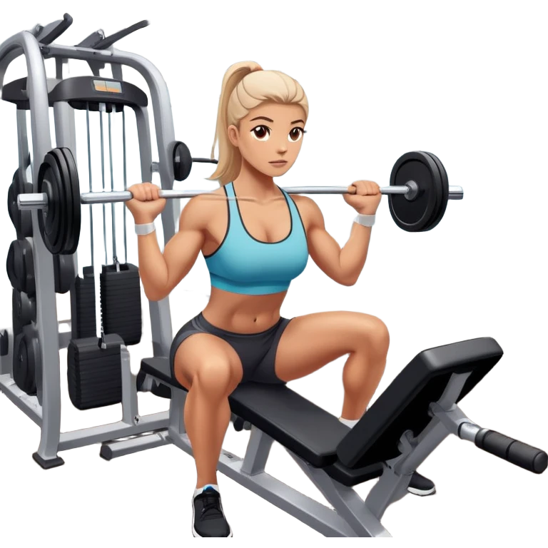 A focused athlete working out on a strength training machine in a modern gym. Muscles engaged, expression determined, demonstrating power and endurance. The gym is filled with equipment like dumbbells, barbells, and mirrors reflecting effort, creating a high-energy atmosphere. emoji