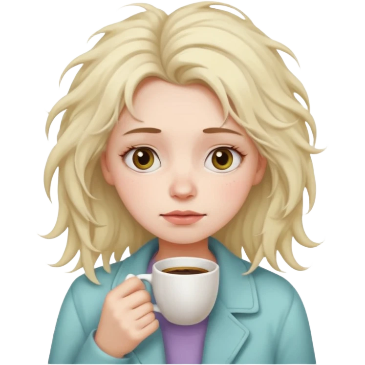 tired woman with dark circles under eyes holding a coffee cup, messy hair, soft pastel emoji style, calm neutral background emoji