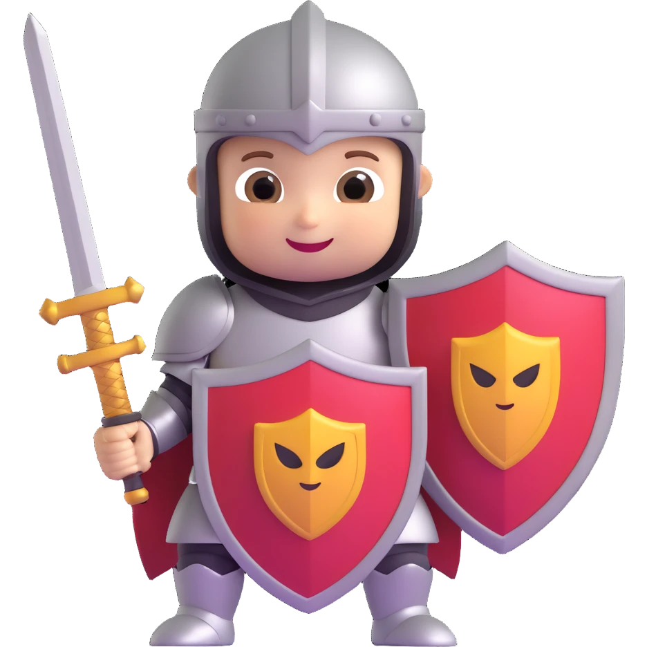 3D emoji style baby knight holding sword and shield with big eyes and smiling emoji
