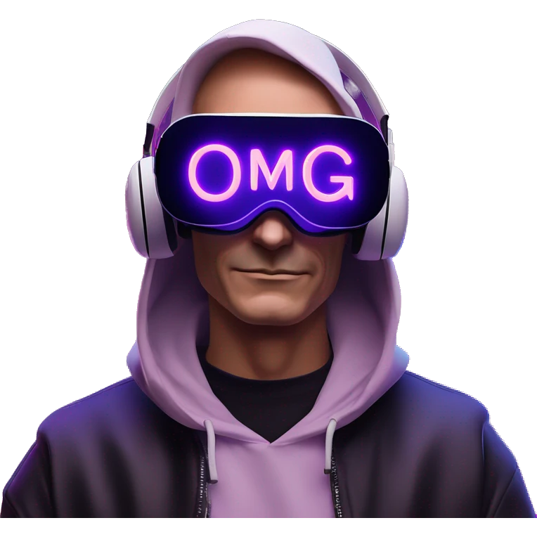 Putin wearing a black hoodie with "OMG" letters on it and VR headset oculus quest 2 in a cyberpunk VR environment with violet neon lighting. emoji