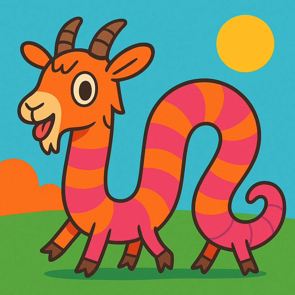 whimsical hybrid of a goat and a worm with a long segmented worm-like body, goat's head, small horns, tiny hooves, playful cartoon style emoji