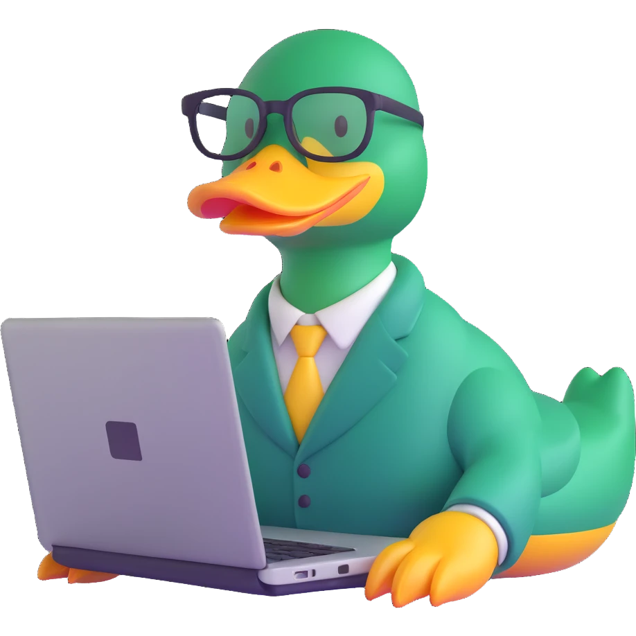 Animated duck wearing glasses, programming Python on a laptop emoji