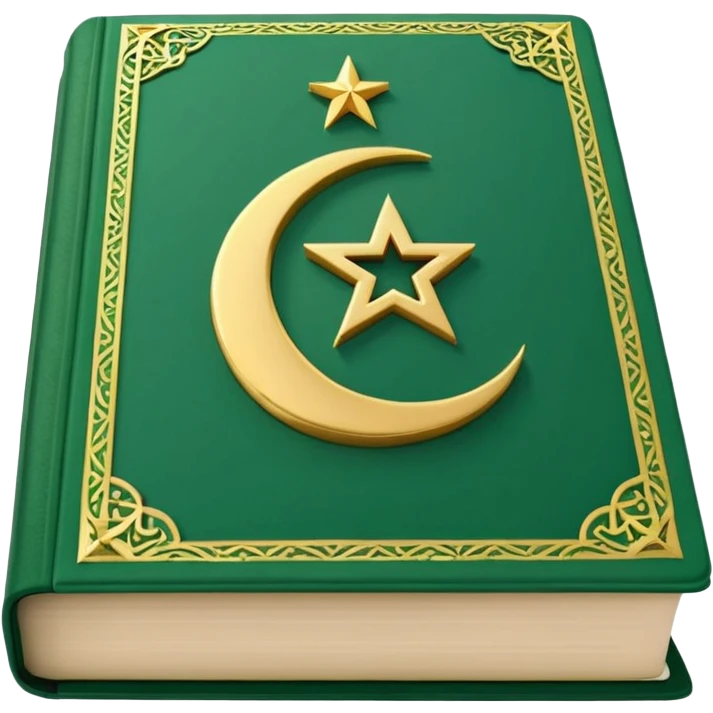 Closed Quran with the Islamic Symbol on it (moon and star) green from left to right emoji