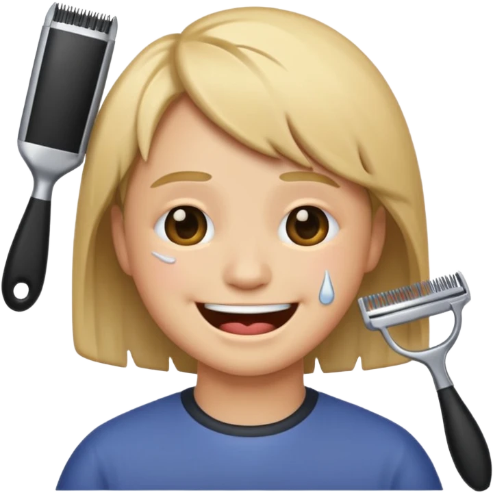 Facebook style laughing emoji getting a haircut emoji