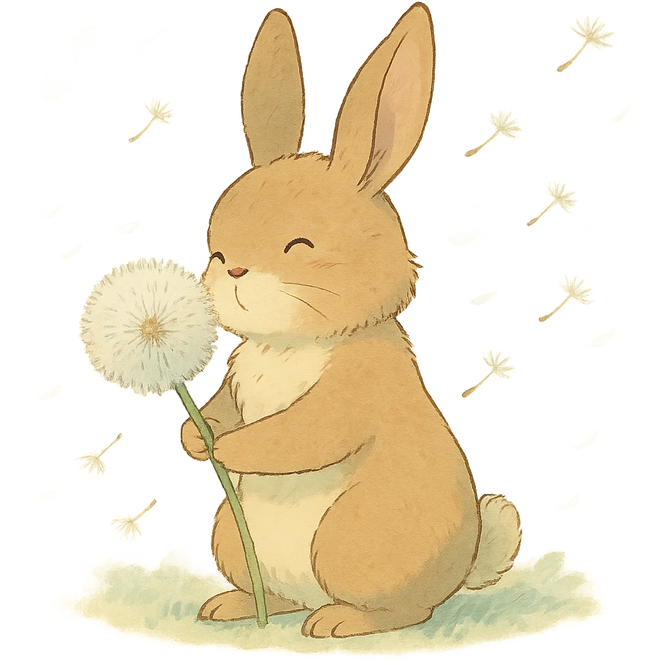 bunny holding a dandelion in the breeze, gentle spring vibe, soft pastel colors, transparent background, ghibli style emoji