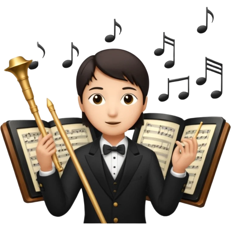 asian Create a sophisticated and elegant emoji that represents orchestration and arrangement. The design should feature a conductor’s baton, musical notes, and a symphonic score, symbolizing the process of arranging and orchestrating music. Incorporate instruments like a violin, trumpet, emoji