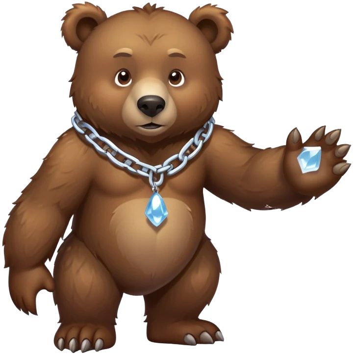 Complete full-length view of serious brown bear standing on four paws, showing entire body from nose to tail, with ice chain around neck emoji
