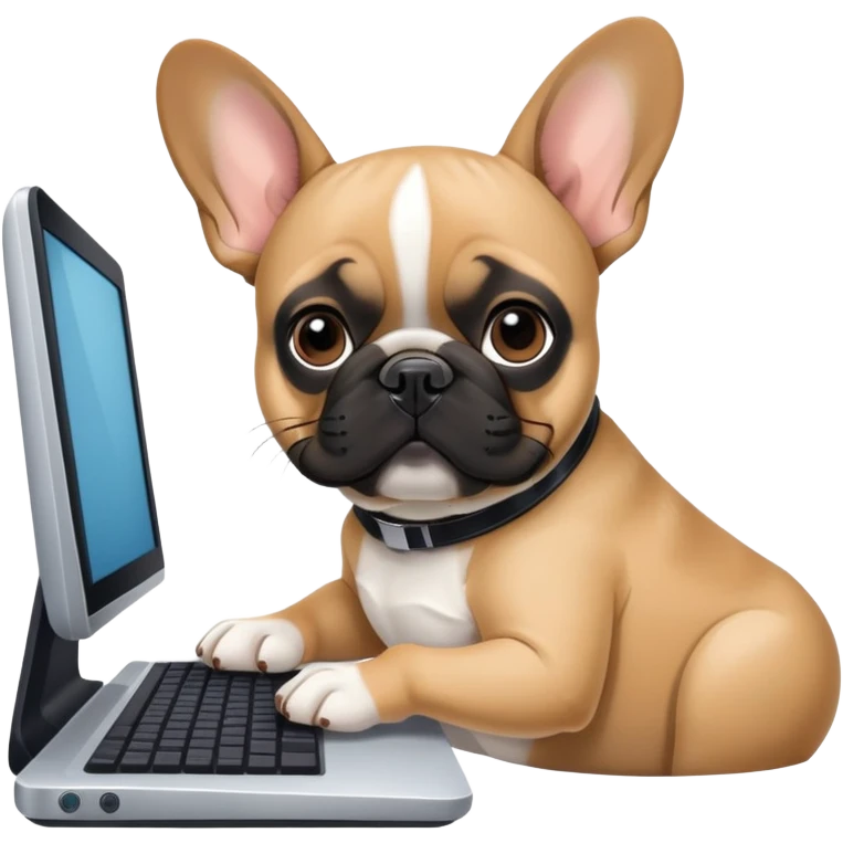 Fawn Frenchie with black muzzle working behind computer emoji