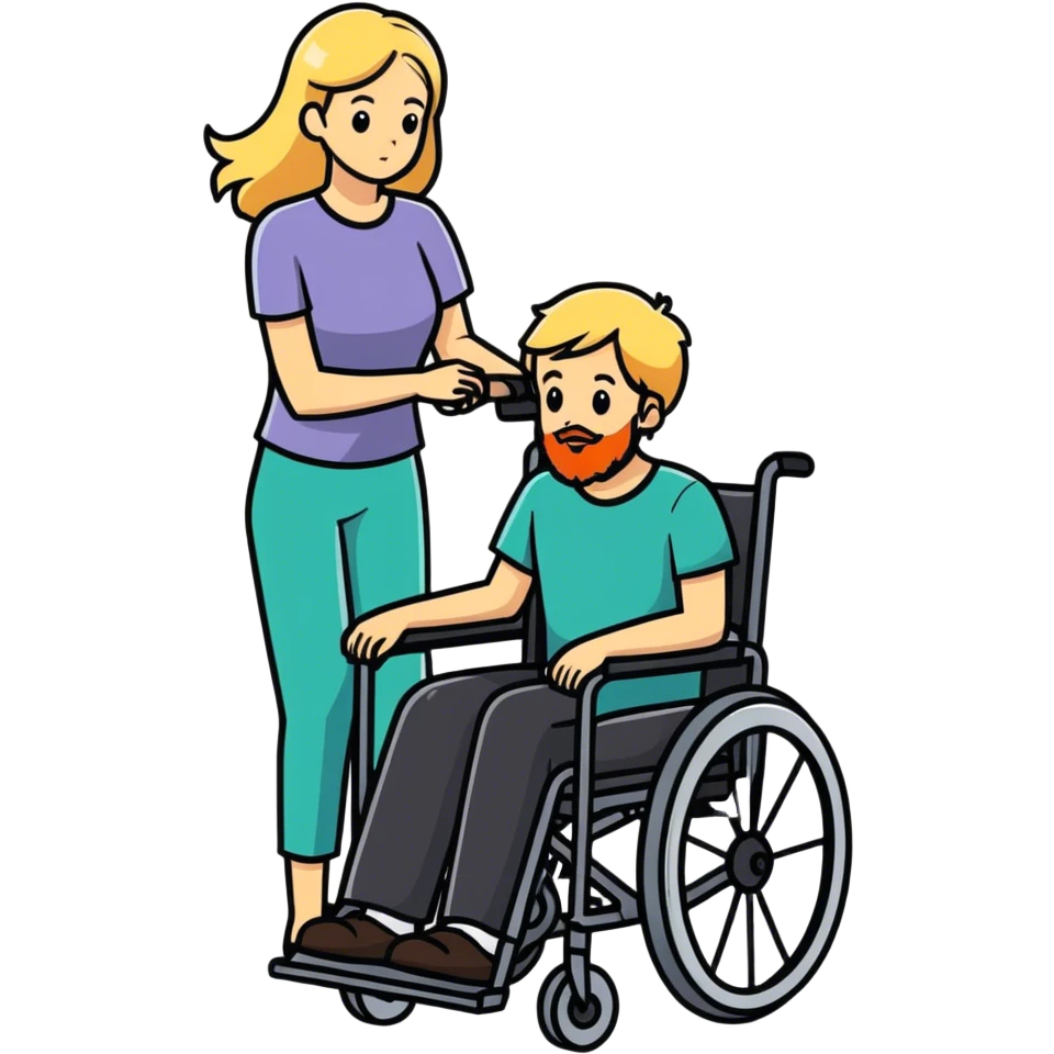 Single Boy in wheelchair with a beard with single blonde haired mom pushing emoji
