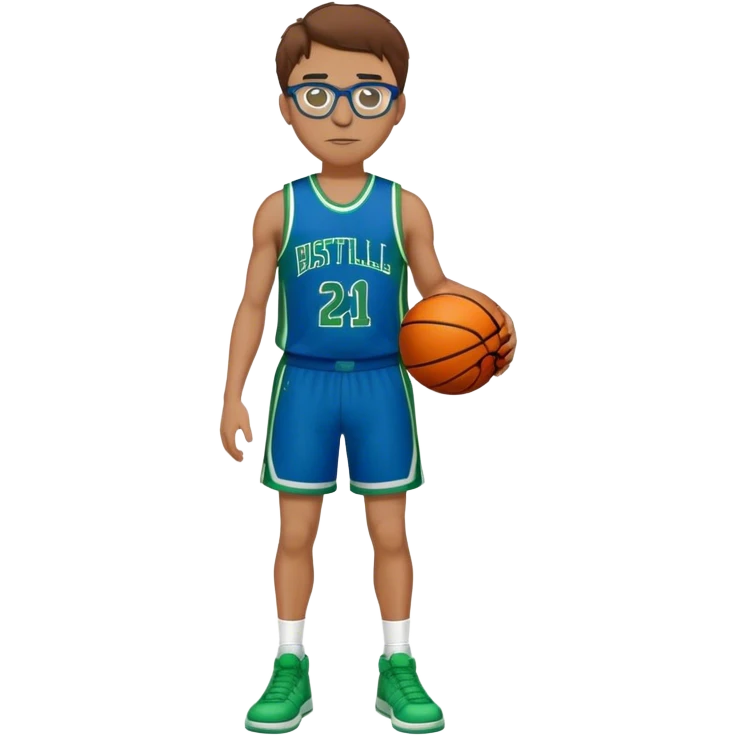 full body brown hair white male basketball player wearing glasses in blue an green uniform emoji