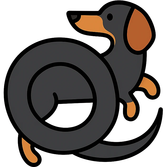 black dachshund with long body entangled, clean modern icon style emoji