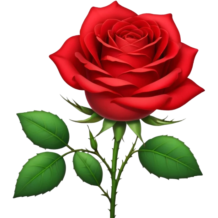 Generate a high-quality image of a single rose flower with stem and leaves, with very small and subtle thorns, realistic color and shading, smooth gradient colors, no human figures, no facial features, no brand markings, simple white background, high-resolution.

 emoji