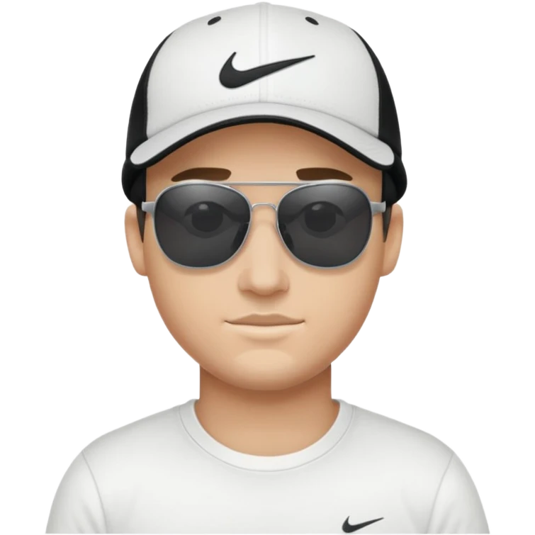 A guy wearing a white Nike shirt, a black Nike cap, and Juliet sunglasses. emoji