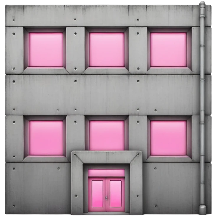 Russian panel building with bare concrete exterior, one pink glowing window, simple block shape with utilitarian design and slight ghetto feel emoji