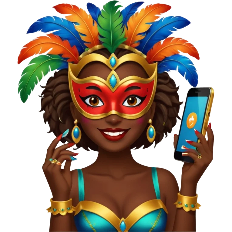 i need the same girl in "dark skin girl, dark red lipstick, nails very beautiful" to be smiling in "carnival mas costume, blue, green and orange preferably, full costume feathers at the back" she is to be smiling and happy with a phone in her hand taking a pico  emoji